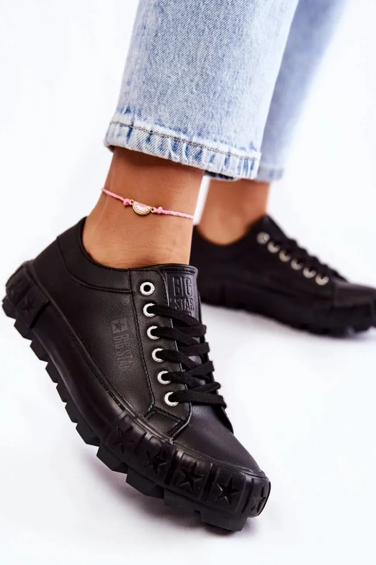 Damskie Big Star Shoes Modne Skórzane Trampki Big Star KK274143 Czarne