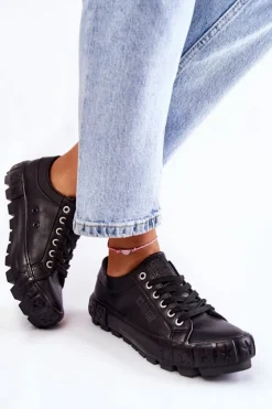 Damskie Big Star Shoes Modne Skórzane Trampki Big Star KK274143 Czarne