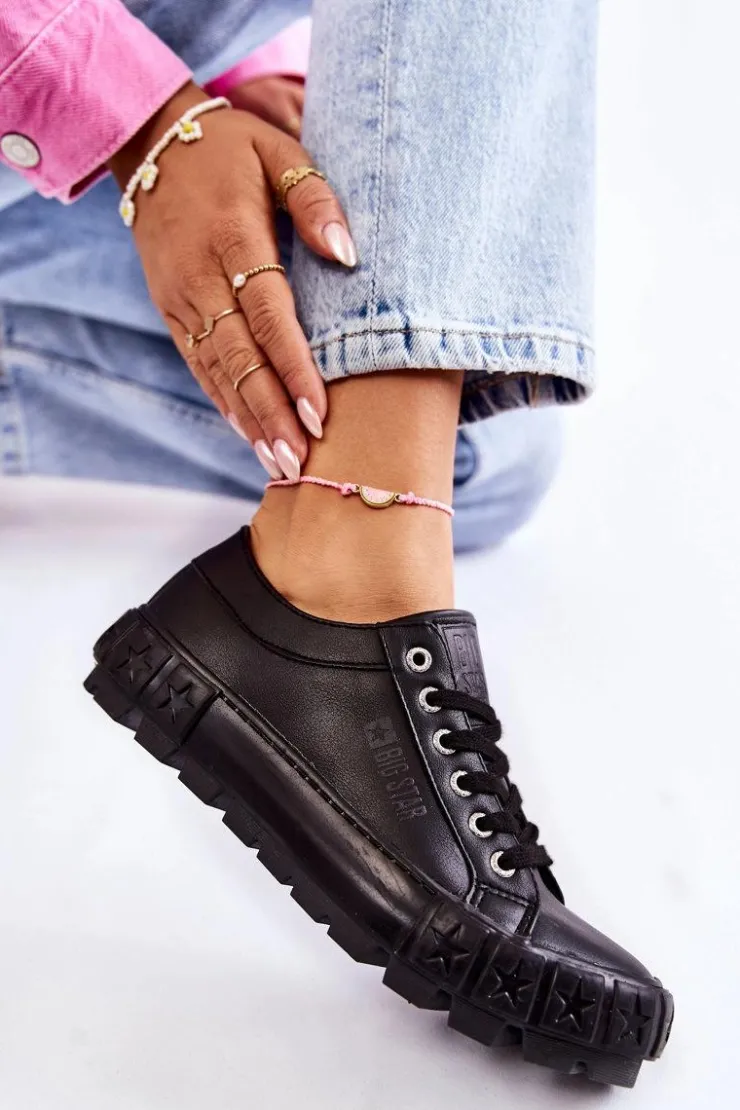 Damskie Big Star Shoes Modne Skórzane Trampki Big Star KK274143 Czarne