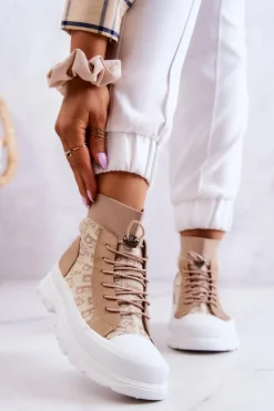 Damskie Boto Modne Trampki Wysoka Skarpeta Beżowe Collin