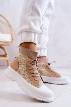 Damskie Boto Modne Trampki Wysoka Skarpeta Beżowe Collin