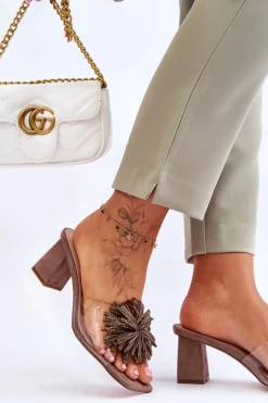 Hot Damskie buty S.Barski Modne Transparentne Klapki Na Obcasie S.Barski KV-AP658-1 Brązowe