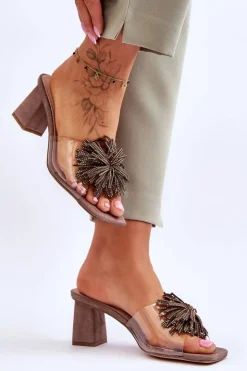 Hot Damskie buty S.Barski Modne Transparentne Klapki Na Obcasie S.Barski KV-AP658-1 Brązowe