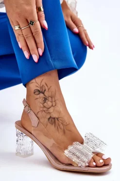 Damskie buty S.Barski Sandały Na Obcasie*Modne Transparentne Sandały Z Kokardą Nude Ariella