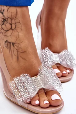 Damskie buty S.Barski Sandały Na Obcasie*Modne Transparentne Sandały Z Kokardą Nude Ariella