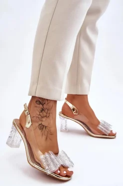 Damskie buty S.Barski Modne Transparentne Sandały Z Kokardą Złote Ariella