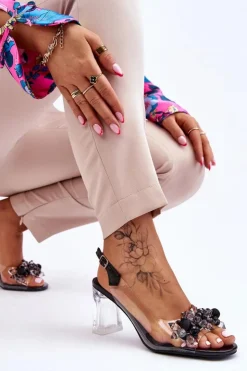 Outlet Damskie buty S.Barski Modne Transparentne Sandałki Z Ozdobami Czarne Carmelo