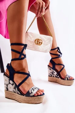 Boto Sandały Na Koturnie*Modne Wiązane Sandały Na Koturnie Granatowe Recife