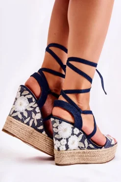 Boto Sandały Na Koturnie*Modne Wiązane Sandały Na Koturnie Granatowe Recife