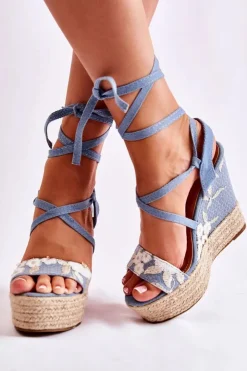 New Boto Modne Wiązane Sandały Na Koturnie Niebieskie Recife