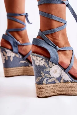 New Boto Modne Wiązane Sandały Na Koturnie Niebieskie Recife