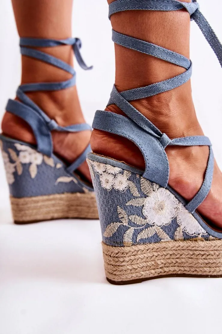 New Boto Modne Wiązane Sandały Na Koturnie Niebieskie Recife