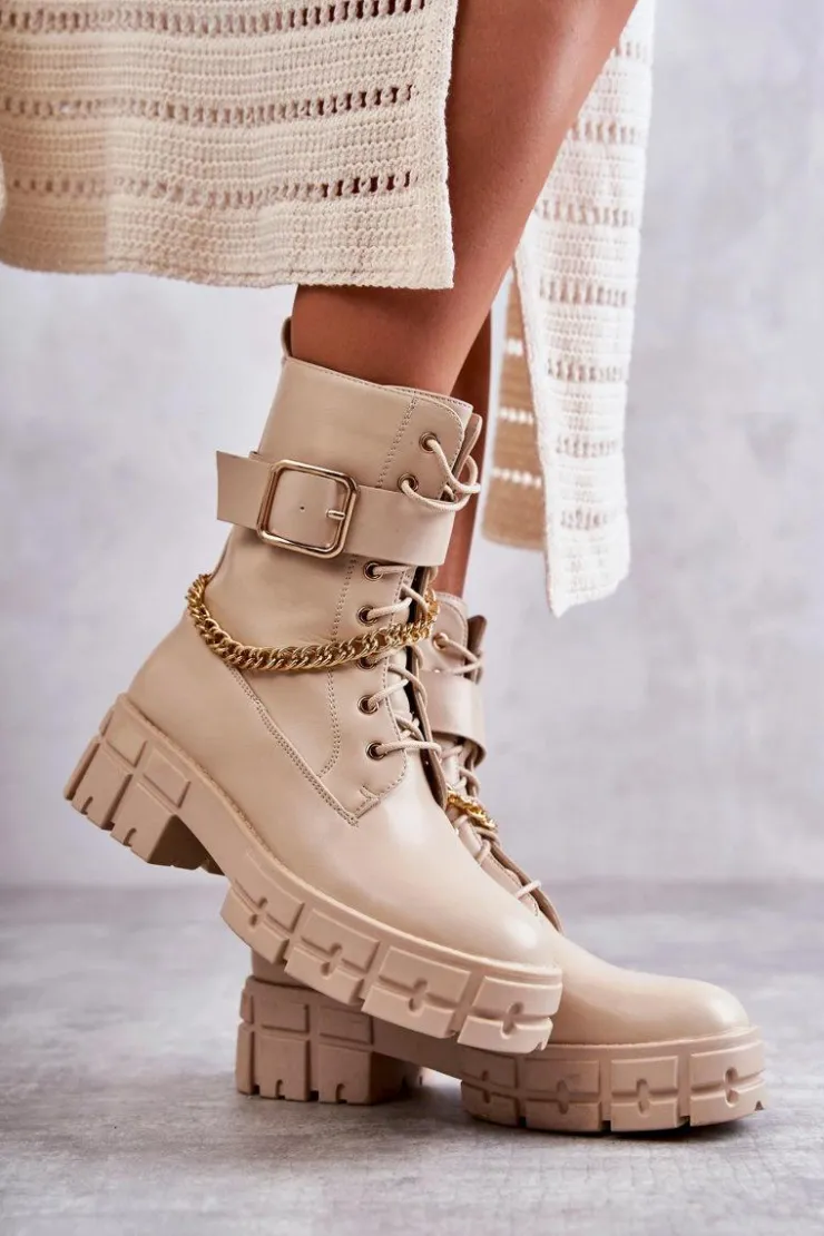 Boto Botki Sznurowane|Czarne Botki*Modne Workery Botki Z Łańcuchem Beżowe Solesso