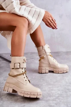 Boto Botki Sznurowane|Czarne Botki*Modne Workery Botki Z Łańcuchem Beżowe Solesso