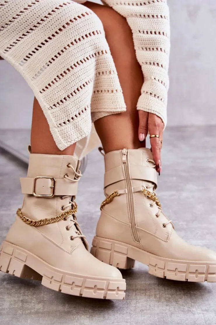 Boto Botki Sznurowane|Czarne Botki*Modne Workery Botki Z Łańcuchem Beżowe Solesso