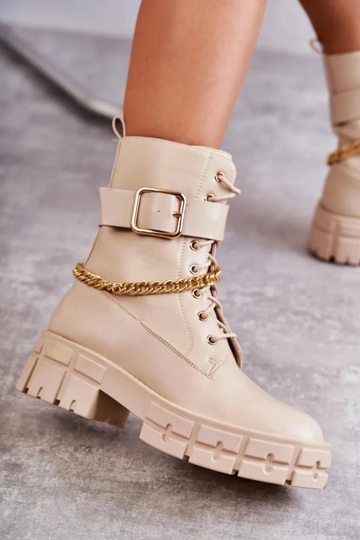 Boto Botki Sznurowane|Czarne Botki*Modne Workery Botki Z Łańcuchem Beżowe Solesso