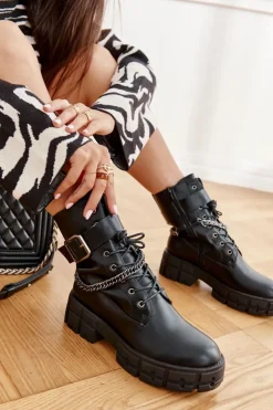 Damskie Boto Modne Workery Botki Z Łańcuchem Czarne Solesso