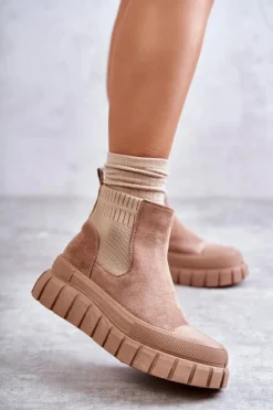 Boto Brązowe I Beżowe Botki|Botki Workery*Modne Wsuwane Botki Na Platformie Ciemnobeżowe Jenna