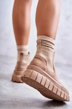 Boto Brązowe I Beżowe Botki|Botki Workery*Modne Wsuwane Botki Na Platformie Ciemnobeżowe Jenna