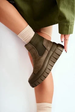 Damskie Boto Modne Wsuwane Botki Na Platformie Zielone Jenna