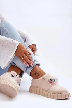 Boto Buty Sportowe Na Platformie|Sneakersy Damskie*Modne Wsuwane Buty Sportowe Półbuty Z Ozdobą Beżowe Desire