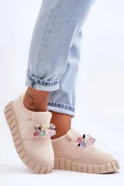 Boto Buty Sportowe Na Platformie|Sneakersy Damskie*Modne Wsuwane Buty Sportowe Półbuty Z Ozdobą Beżowe Desire