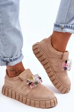 Discount Boto Modne Wsuwane Buty Sportowe Półbuty Z Ozdobą Ciemnobeżowe Desire