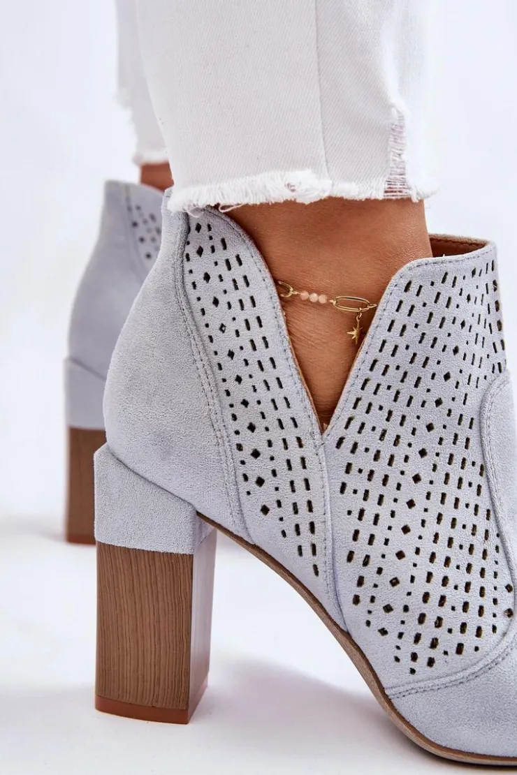 New Boto Modne Zamszowe Ażurowe Botki Na Obcasie Szare Genevi