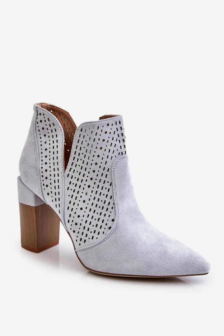 New Boto Modne Zamszowe Ażurowe Botki Na Obcasie Szare Genevi