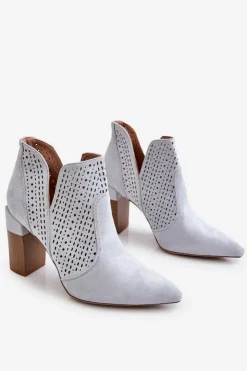 New Boto Modne Zamszowe Ażurowe Botki Na Obcasie Szare Genevi