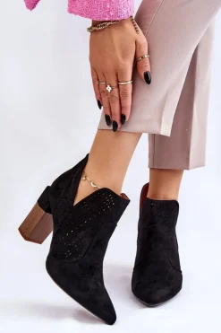 Hot Boto Modne Zamszowe Ażurowe Botki Na Obcasie Czarne Genevi