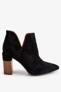 Hot Boto Modne Zamszowe Ażurowe Botki Na Obcasie Czarne Genevi