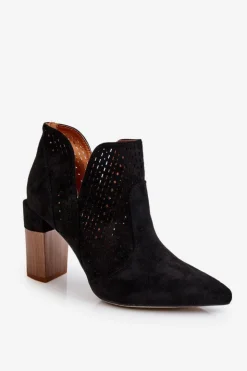 Hot Boto Modne Zamszowe Ażurowe Botki Na Obcasie Czarne Genevi
