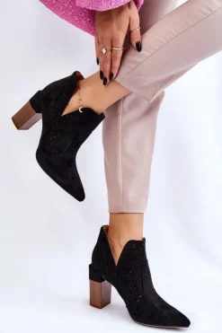 Hot Boto Modne Zamszowe Ażurowe Botki Na Obcasie Czarne Genevi