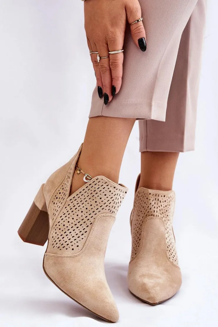 Boto Botki Wiosenne|Botki Na Słupku*Modne Zamszowe Ażurowe Botki Na Obcasie Jasnobeżowe Genevi