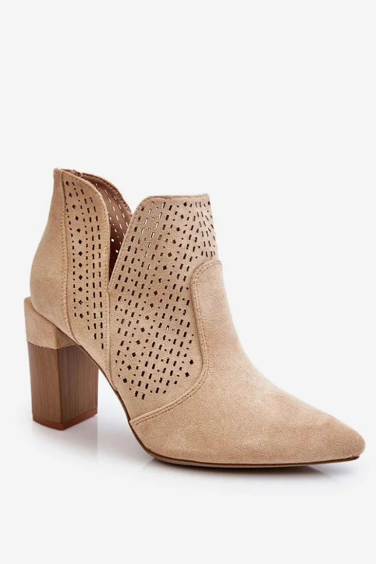 Boto Botki Wiosenne|Botki Na Słupku*Modne Zamszowe Ażurowe Botki Na Obcasie Jasnobeżowe Genevi