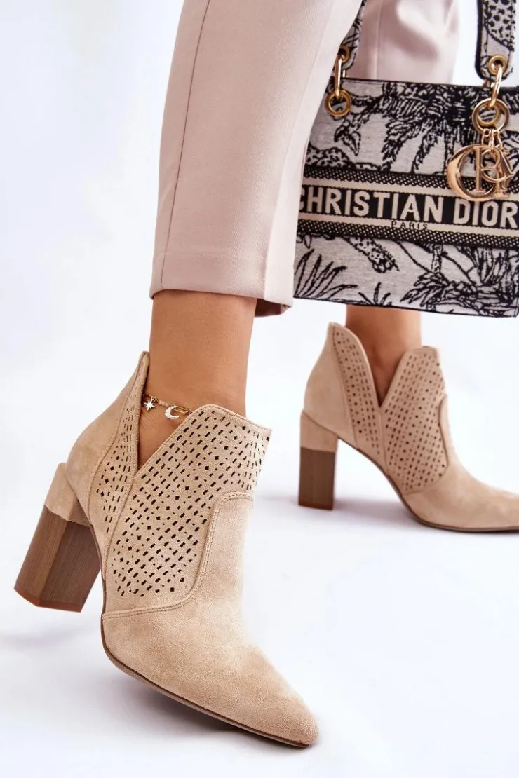 Boto Botki Wiosenne|Botki Na Słupku*Modne Zamszowe Ażurowe Botki Na Obcasie Jasnobeżowe Genevi