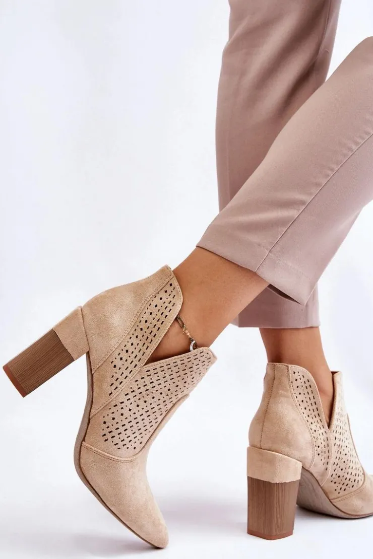 Boto Botki Wiosenne|Botki Na Słupku*Modne Zamszowe Ażurowe Botki Na Obcasie Jasnobeżowe Genevi