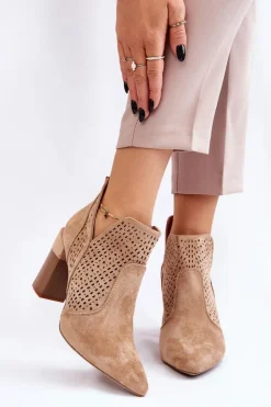 Damskie Boto Modne Zamszowe Ażurowe Botki Na Obcasie Beżowe Genevi