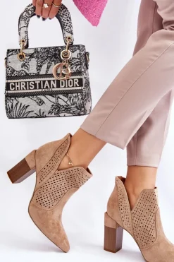 Damskie Boto Modne Zamszowe Ażurowe Botki Na Obcasie Beżowe Genevi