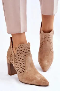 Damskie Boto Modne Zamszowe Ażurowe Botki Na Obcasie Beżowe Genevi