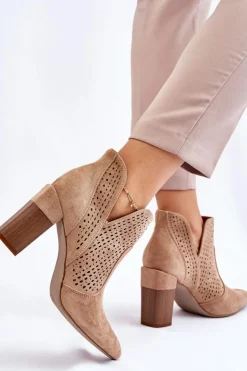 Damskie Boto Modne Zamszowe Ażurowe Botki Na Obcasie Beżowe Genevi