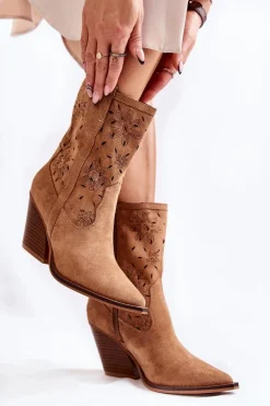 Boto Botki Wiosenne|Botki Na Słupku*Modne Zamszowe Botki Kowbojki W Kwiaty Camel Coralie