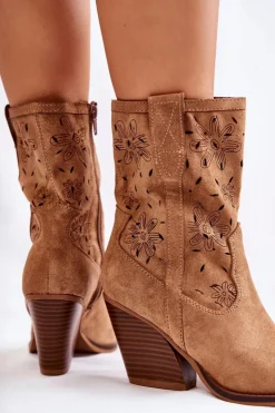 Boto Botki Wiosenne|Botki Na Słupku*Modne Zamszowe Botki Kowbojki W Kwiaty Camel Coralie