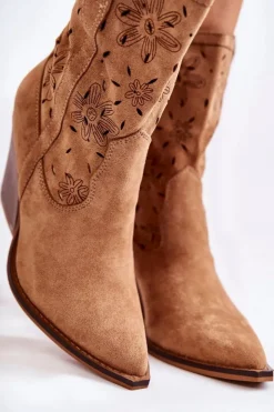 Boto Botki Wiosenne|Botki Na Słupku*Modne Zamszowe Botki Kowbojki W Kwiaty Camel Coralie