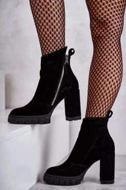 Damskie Laura Messi Modne Zamszowe Botki Na Obcasie 2509 Czarne