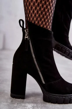 Damskie Laura Messi Modne Zamszowe Botki Na Obcasie 2509 Czarne