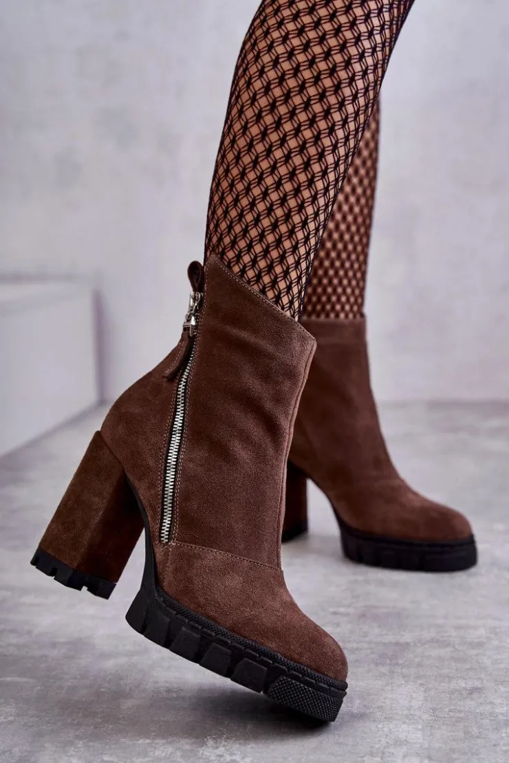 Discount Laura Messi Modne Zamszowe Botki Na Obcasie 2509 Brązowe