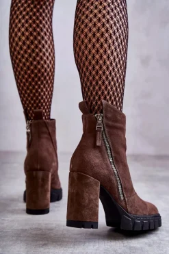 Discount Laura Messi Modne Zamszowe Botki Na Obcasie 2509 Brązowe
