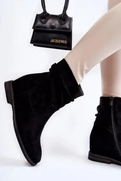 Damskie Damskie buty S.Barski Modne Zamszowe Botki Na Ukrytym Koturnie Czarne Finney